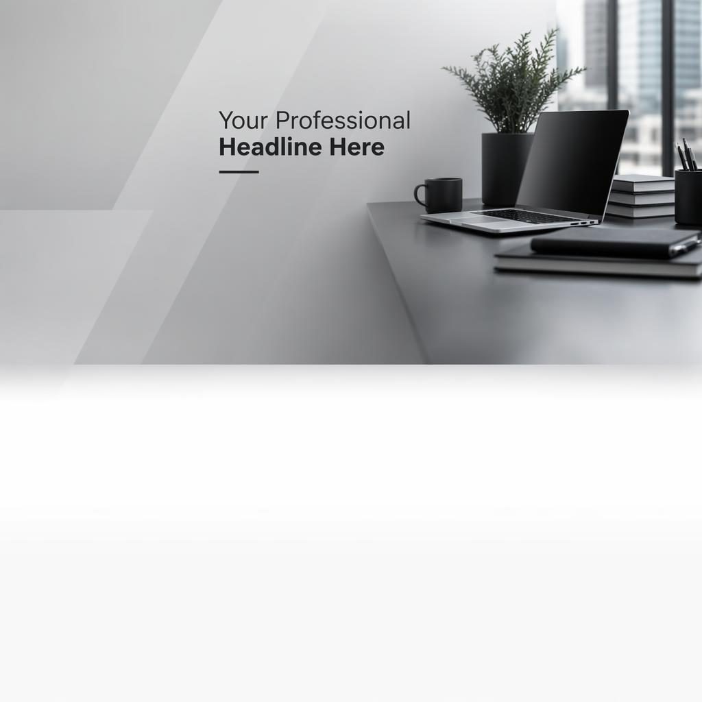 Bannière LinkedIn monochrome avec bureau élégant, formes abstraites, texte de titre et zone vide à gauche.