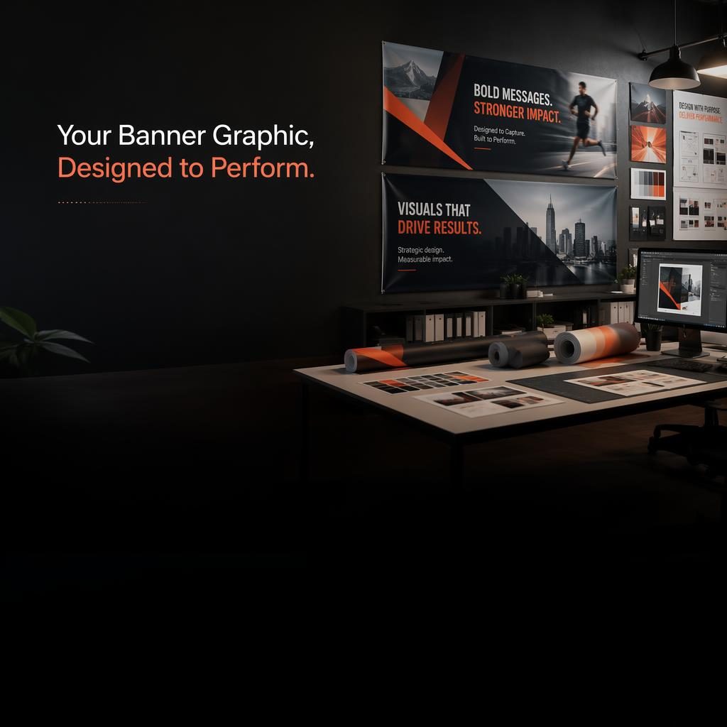 LinkedIn company page cover showing a sleek workspace with large printed banner graphic mockups, layout boards, and clean typography