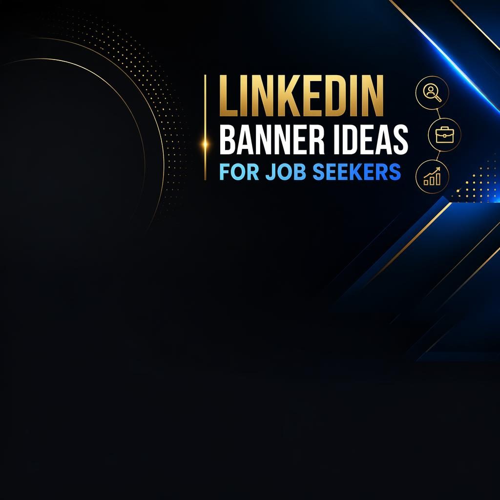 LinkedIn cover banner with black, gold, and blue gradient design, recruiter-style layout, and safe-zone tagline space for marketers.