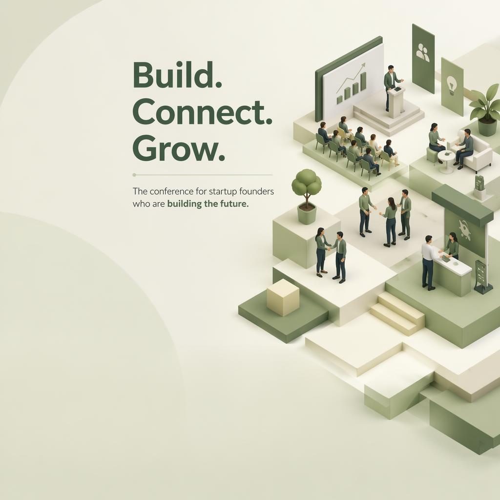 Isometric 3D LinkedIn banner in sage and cream with event stage elements, safe-zone tagline area, and clear left profile space.