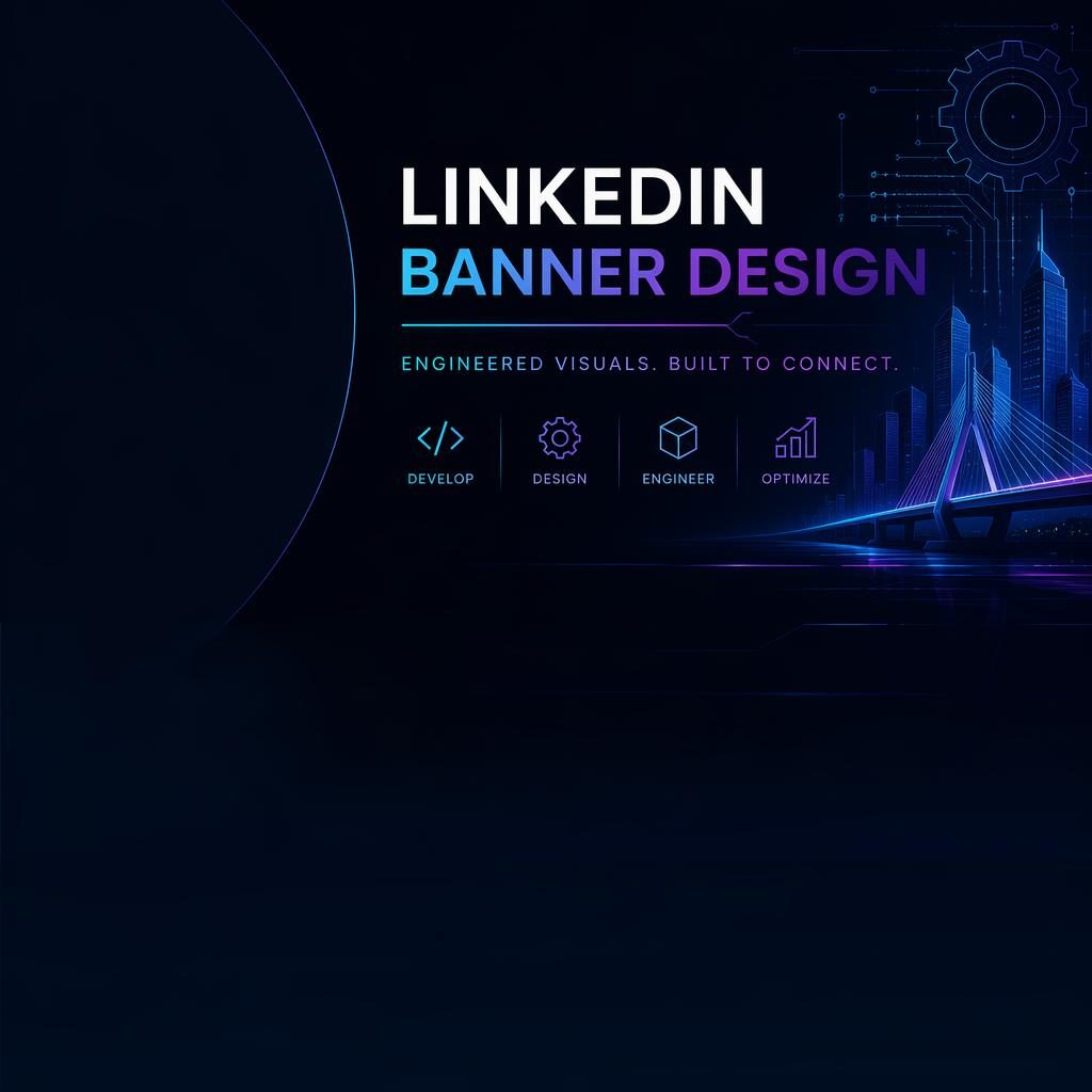 Dunkles LinkedIn-Cover im Neon-Stil für Ingenieure, mit freier Fläche links und klarer Typografie im sicheren Bereich.
