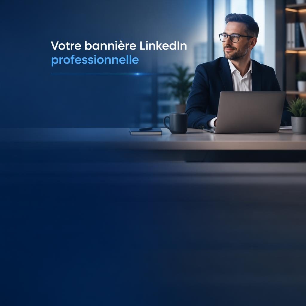 Bannière linkedin photoréaliste avec bureau corporate moderne, accents bleus, texte de couverture et zone gauche dégagée