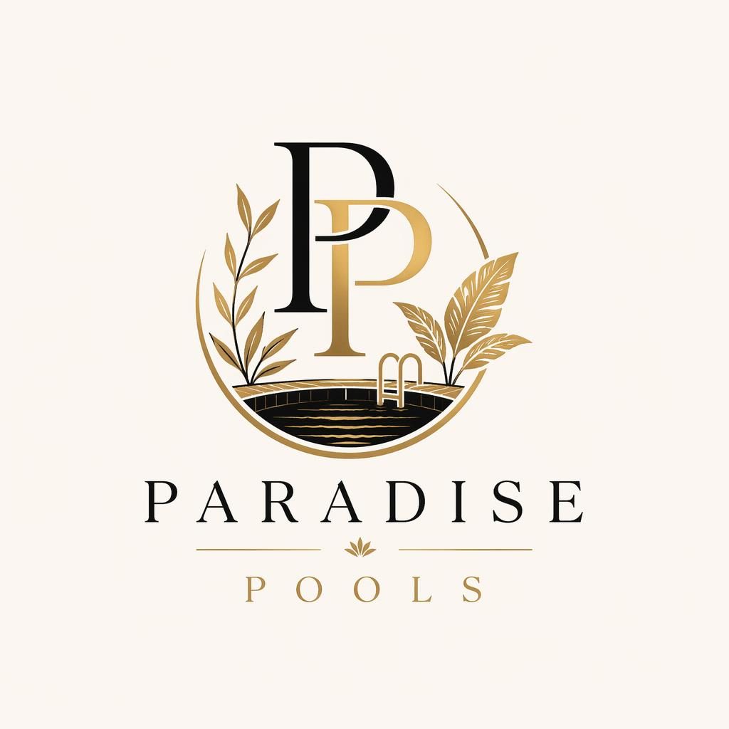 Centered botanical lettermark logo concept in black and gold on a neutral background, designed for a swimming pool brand.