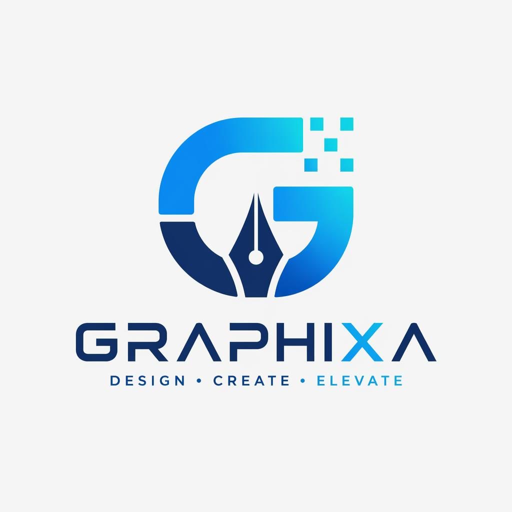 Centered futuristic blue and cyan combination logo with wordmark and icon on a neutral square background