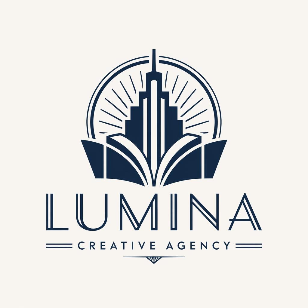 Centered vector logo concept with wordmark and icon in art deco style, navy and white, on a neutral background.