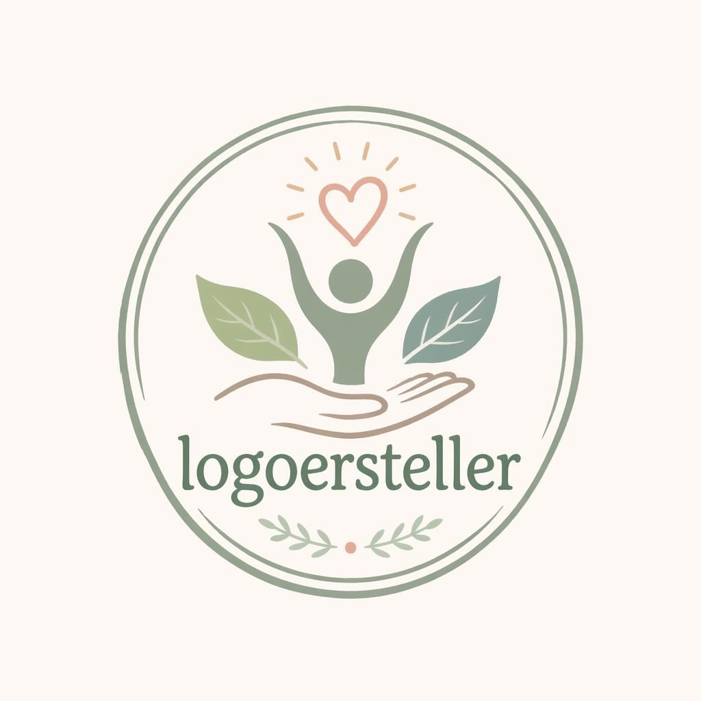 Zentriertes handgezeichnetes Emblem-Logo in sanften Pastellfarben für logoersteller auf neutralem Hintergrund.