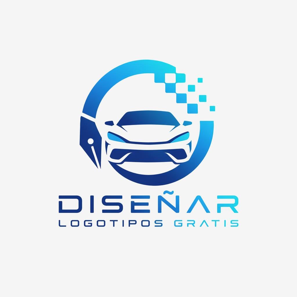 Logo abstracto automotriz en azul y cian, estilo tecnológico futurista, con nombre de marca centrado sobre fondo neutro.