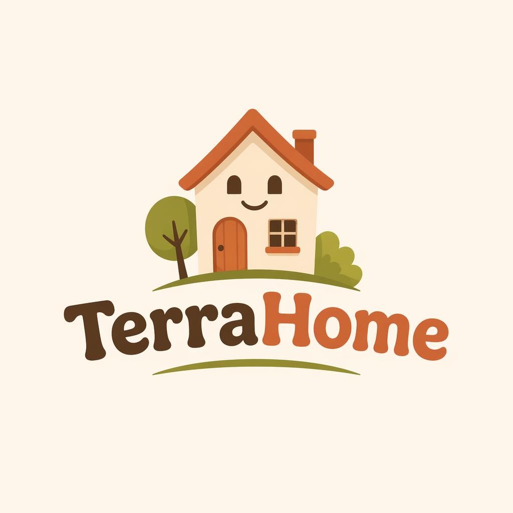 Centered real estate wordmark logo with playful cartoon icon, warm earth tones, vector-clean on a neutral square background.