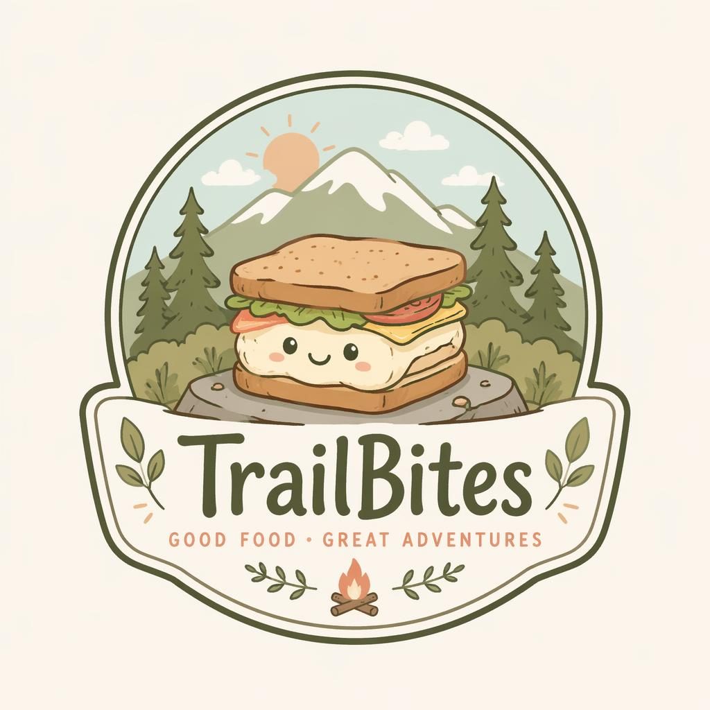 Hand-drawn pastel emblem logo concept for an outdoor adventure food brand on a neutral background, centered and vector clean.