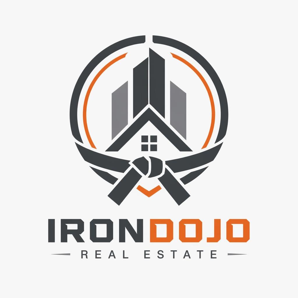 Modern minimalist emblem logo concept for a real estate brand in gray and orange on a neutral background