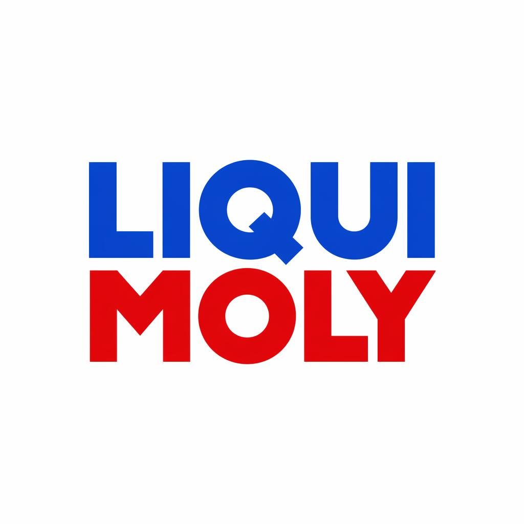 Centered liqui moly logo wordmark concept in bold industrial typography with a playful primary color palette on a neutral background.