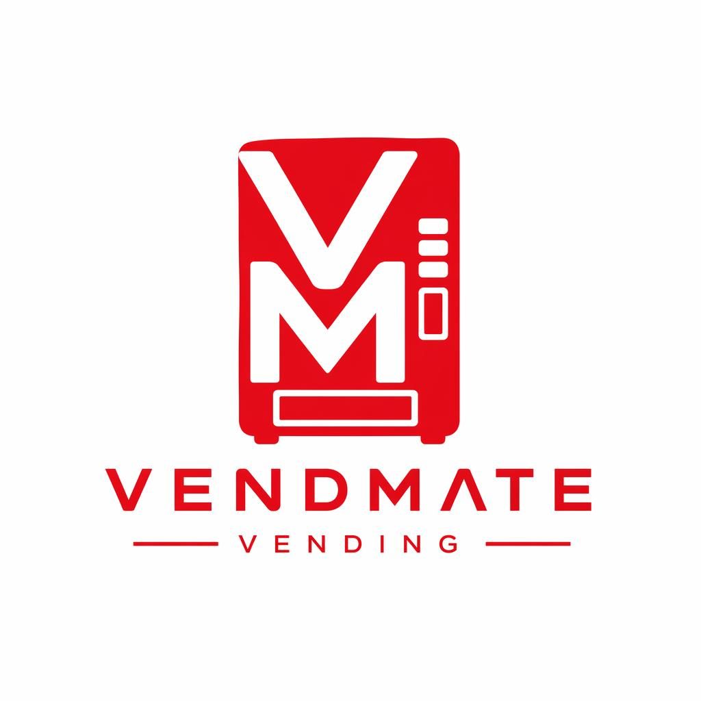 Geometric monogram vending machine logo concept in bold red and white, centered on a neutral background.