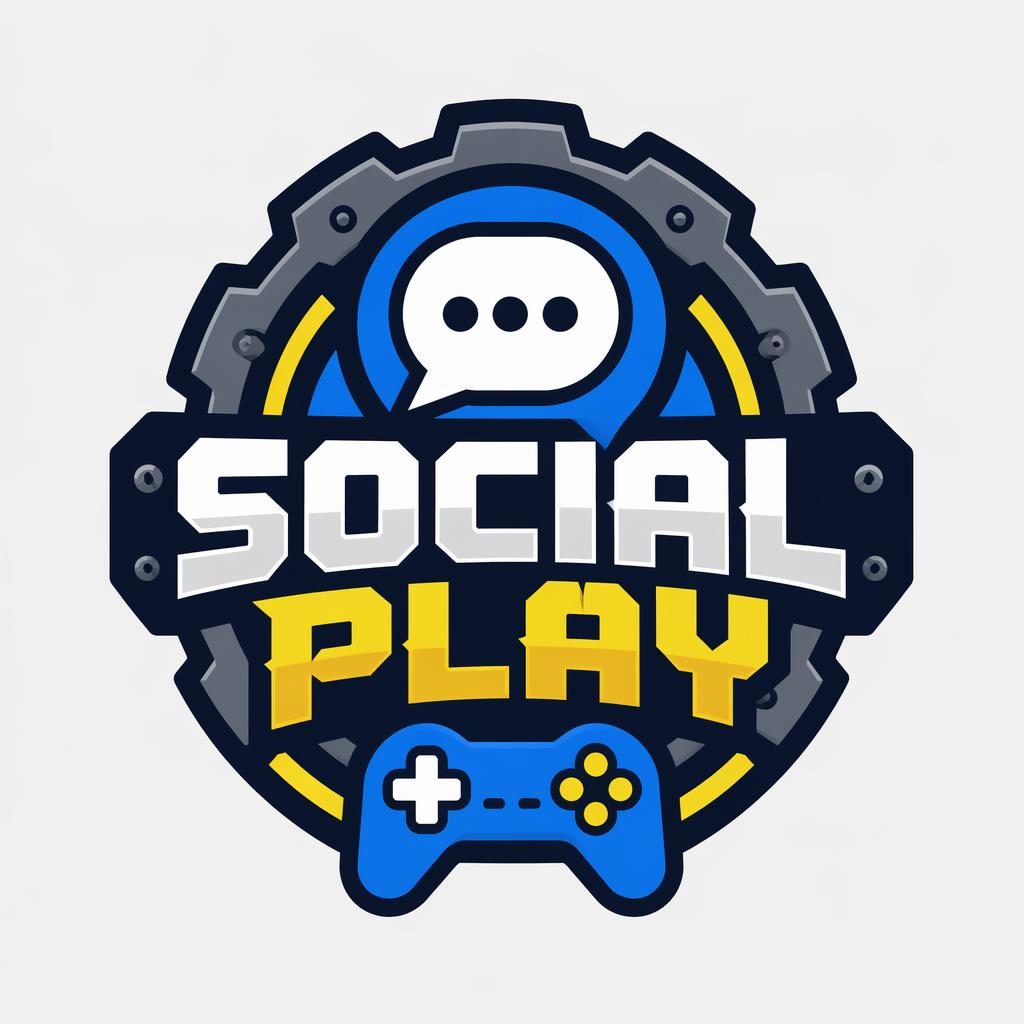 Centered gaming emblem badge logo concept with bold industrial shapes, playful primary colors, and matching brand typography