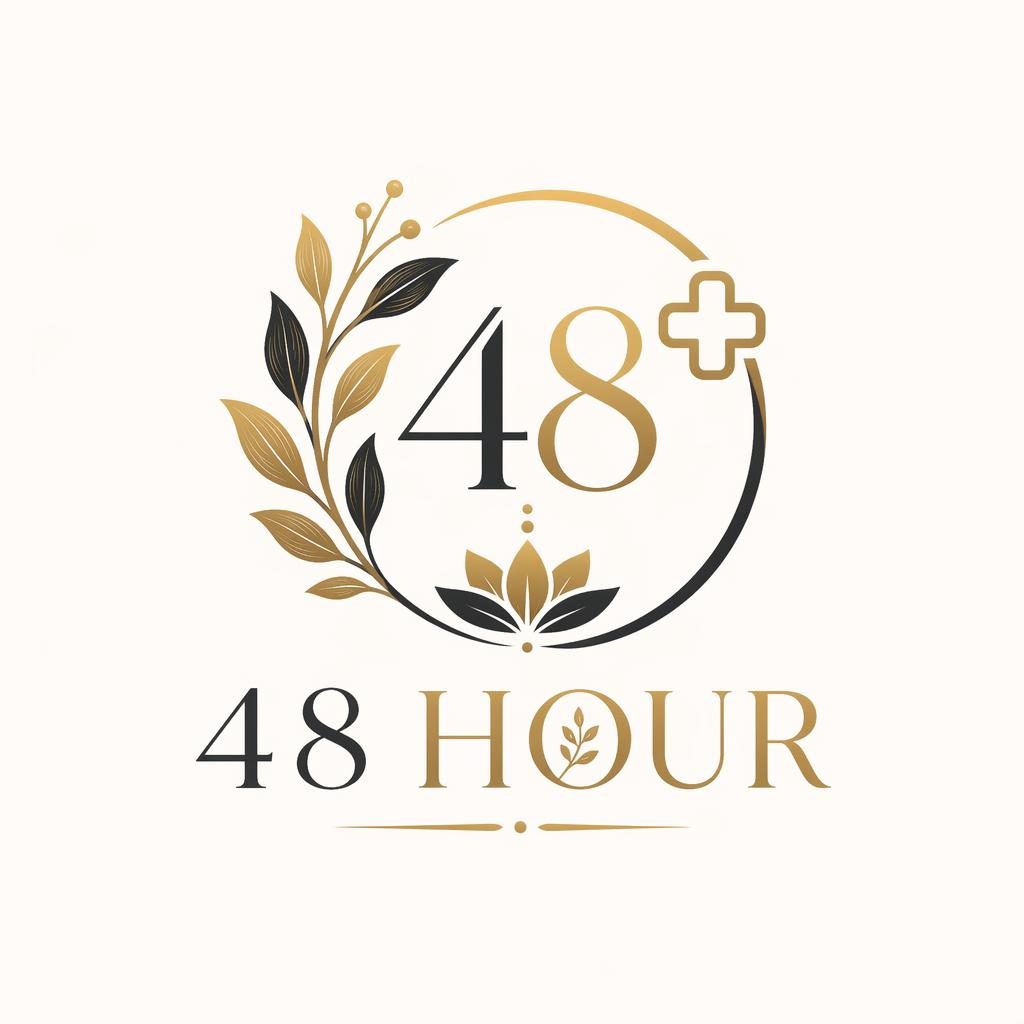 Botanical illustrated black and gold wordmark logo with icon for 48 hour on a neutral square background.