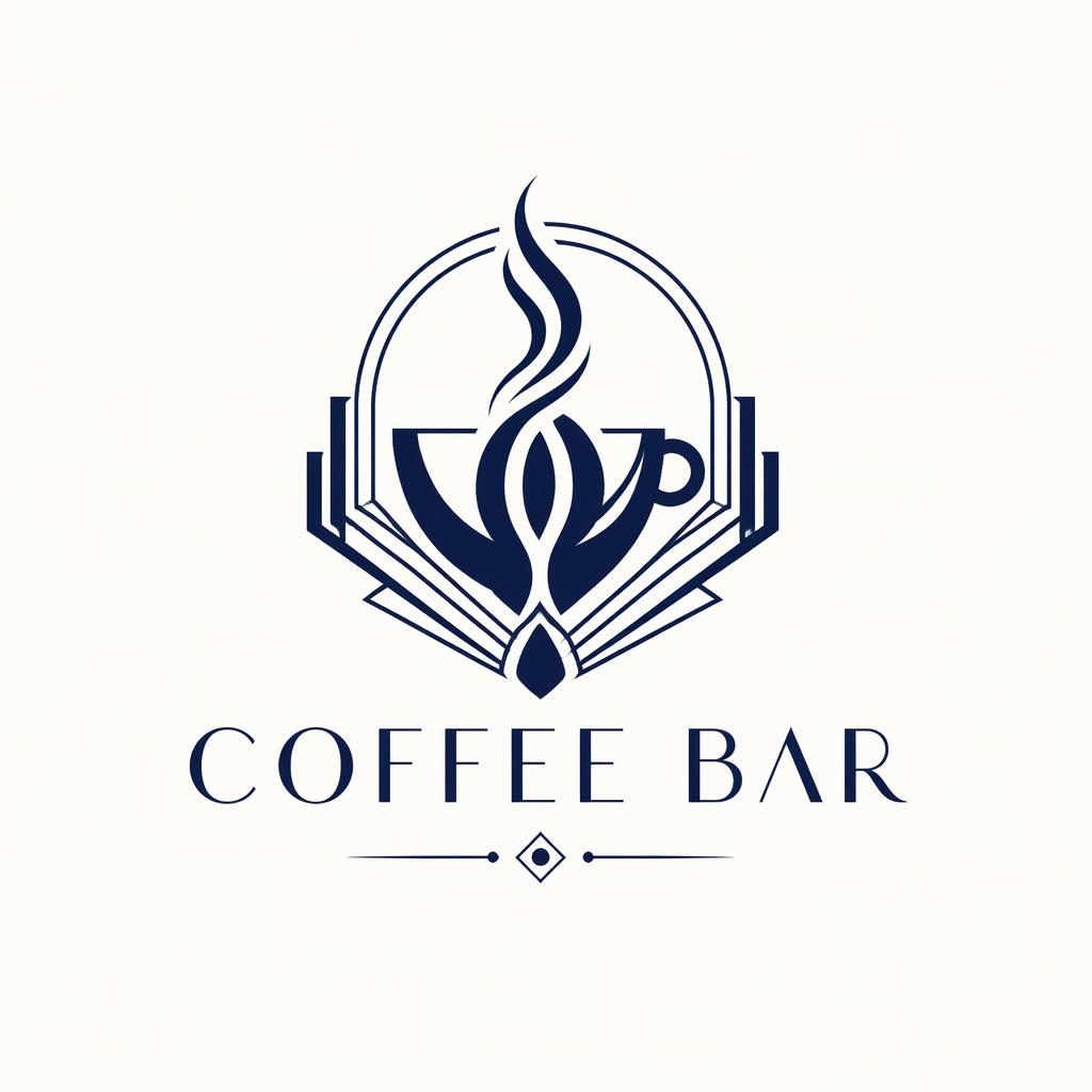 Abstract art deco logo concept for a coffee bar, navy and white symbol with matching brand typography on a neutral background.
