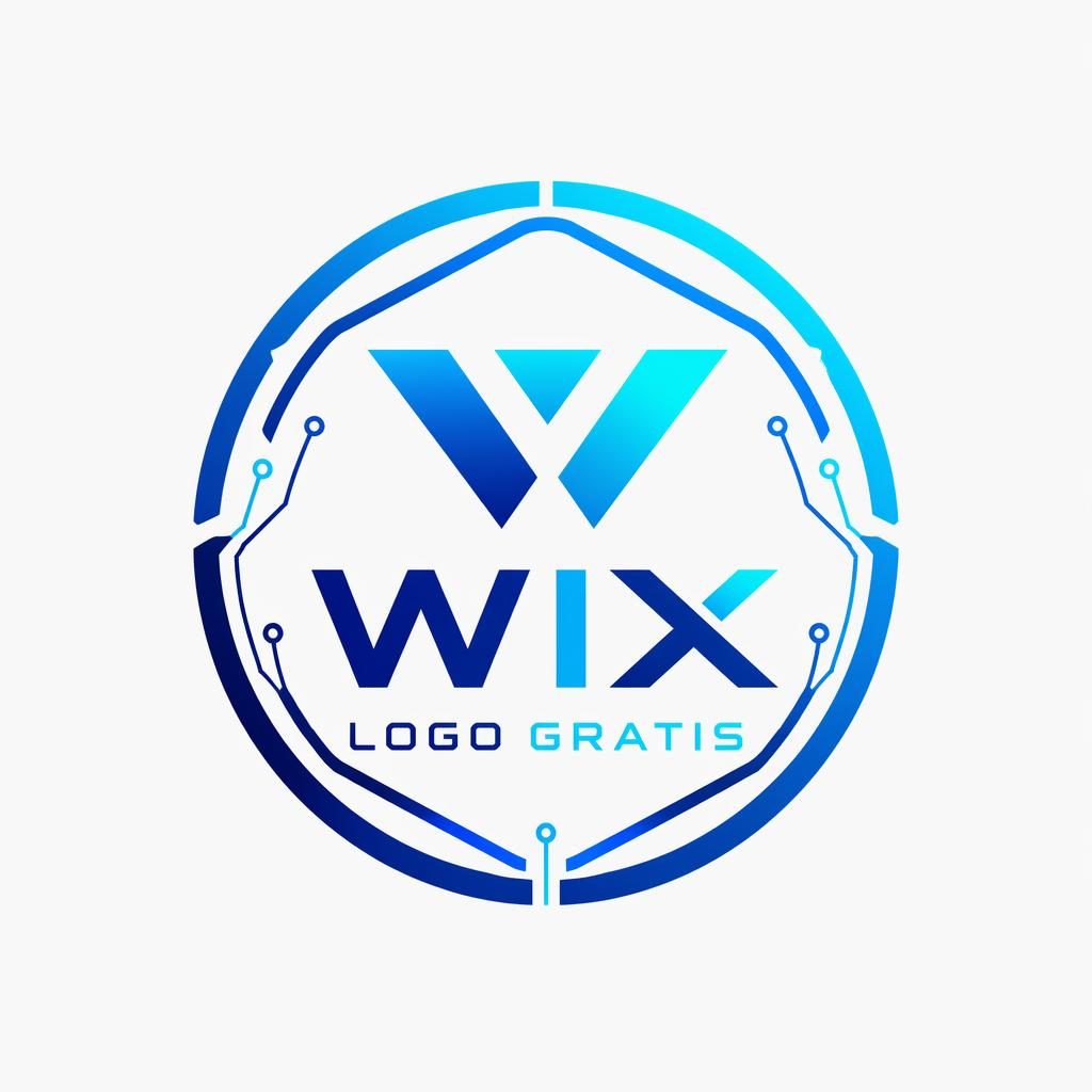 Logotipo tipo emblema para wix logo gratis, diseño futurista en azul y cian sobre fondo neutro cuadrado
