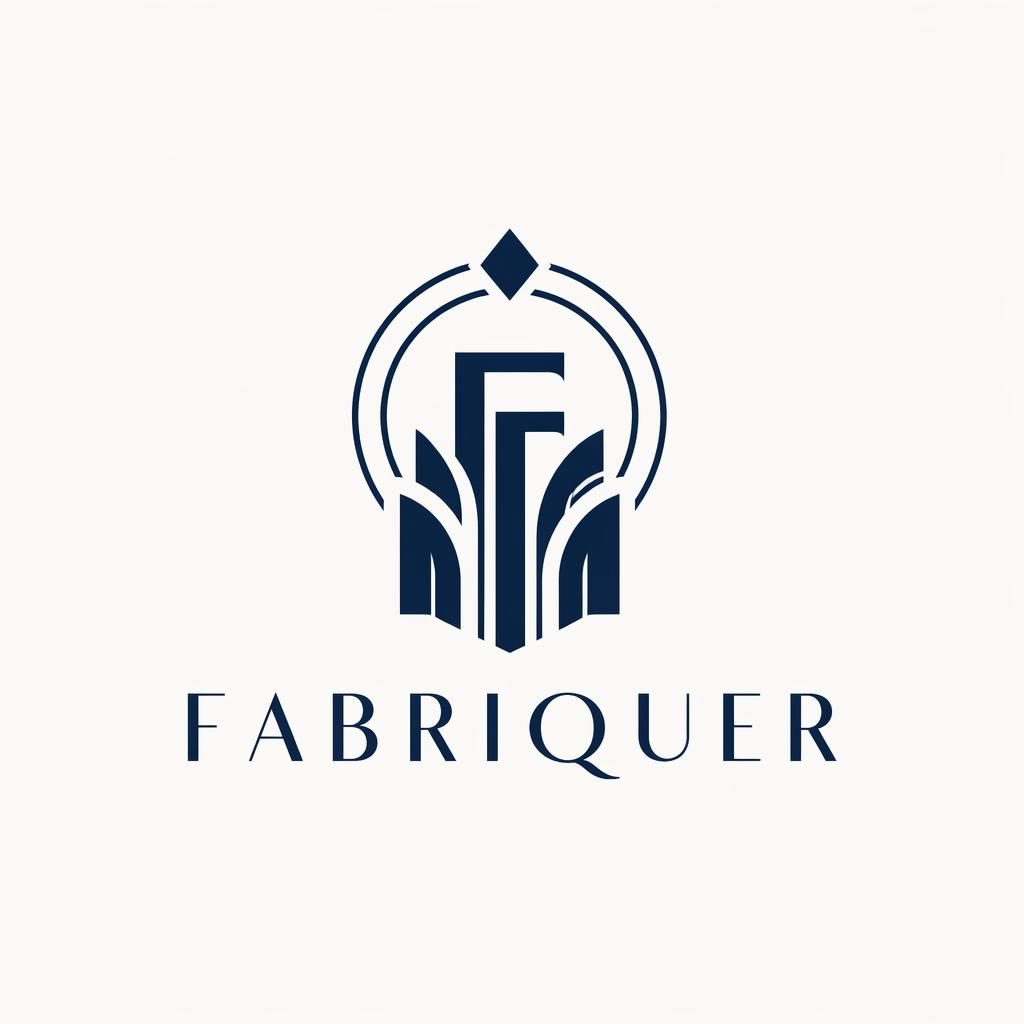 Concept de logo abstrait art déco bleu marine et blanc, avec nom de marque en typographie élégante sur fond neutre.