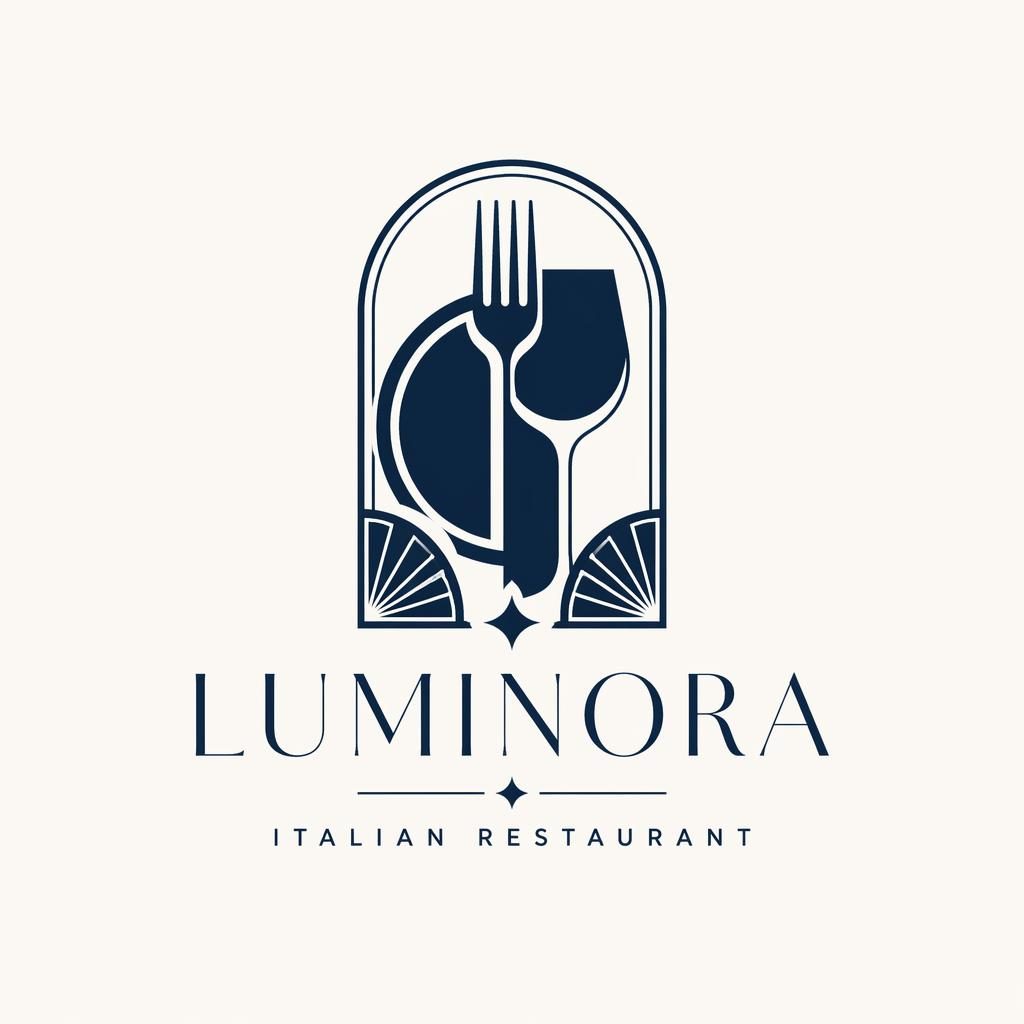 Abstract art deco logo concept with navy and white symbol, matching brand typography, centered on a neutral background.