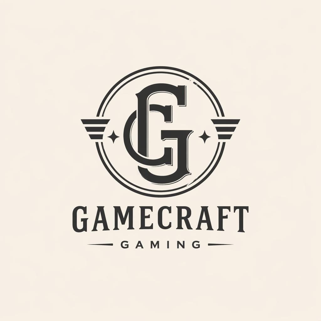 Centered vintage retro gaming monogram logo concept in monochrome, with brand name typography on a neutral square background.