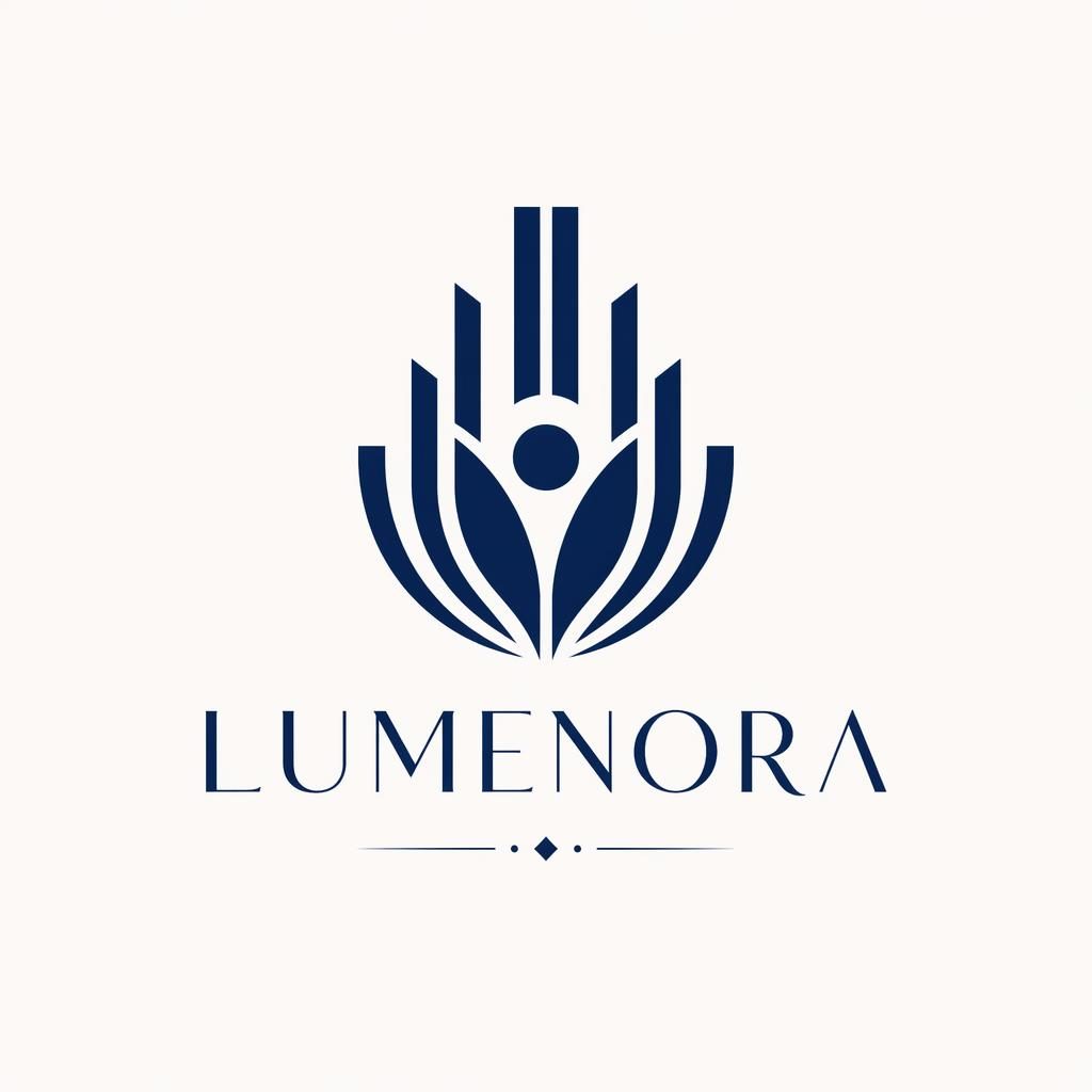 Centered abstract symbol logo for a non-profit in navy and white, art deco style, with matching brand name typography.