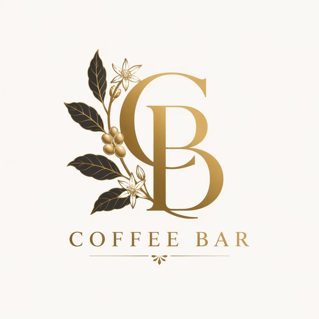 Centered black and gold botanical lettermark logo concept for a coffee bar on a neutral square background.