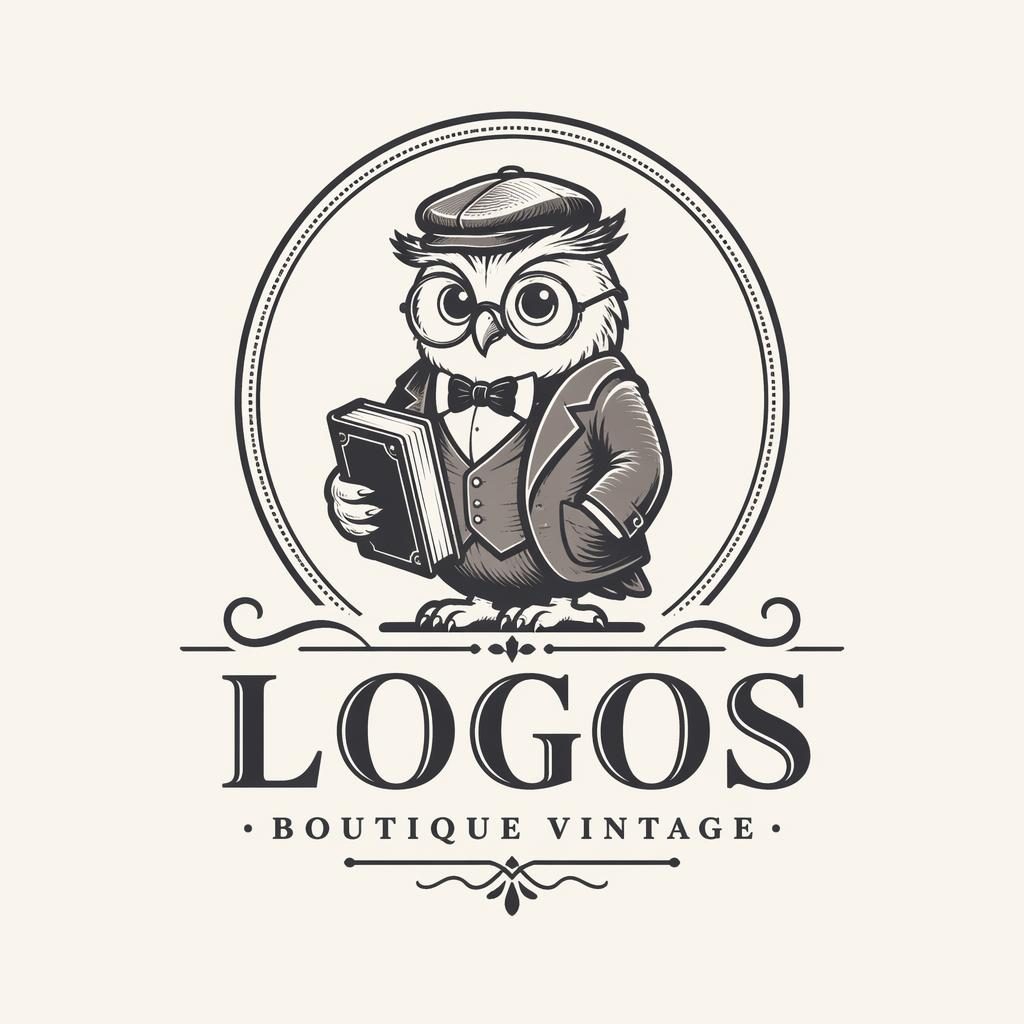 Logotipo mascota vintage retro en monocromo elegante para educación, centrado sobre fondo neutro con tipografía a juego