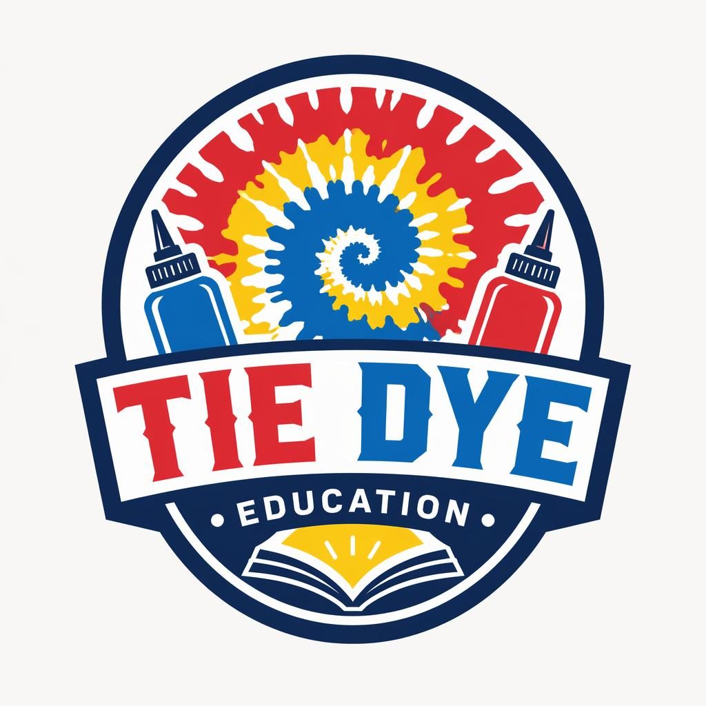 Centered emblem-style education logo concept with tie dye-inspired shapes, bold industrial typography, and playful primary colors