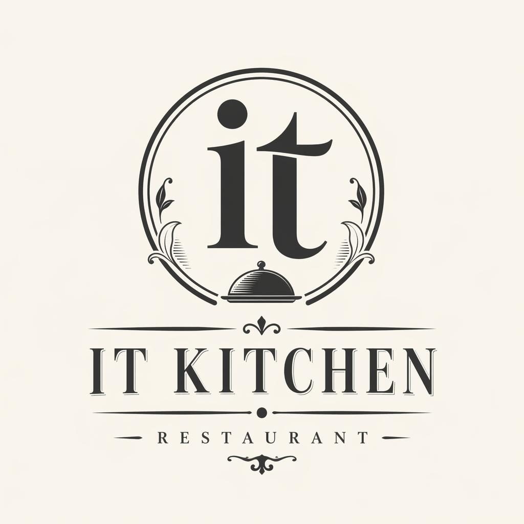 Centered monochrome monogram logo concept for IT with vintage retro styling on a neutral square background.