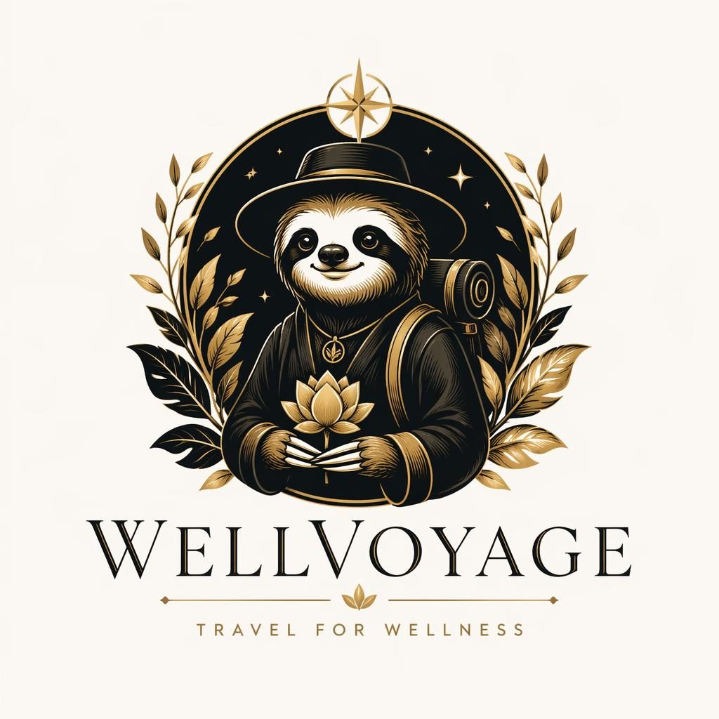 Centered mascot-style travel agency logo concept with botanical illustration, black and gold palette, and matching brand typography.