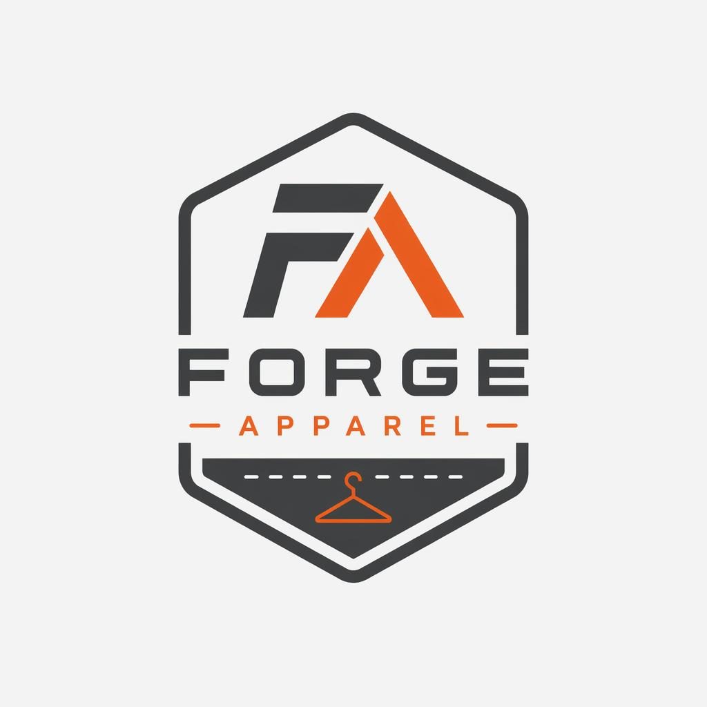 Modern minimalist emblem logo concept for a fashion brand in industrial gray and orange on a neutral background.