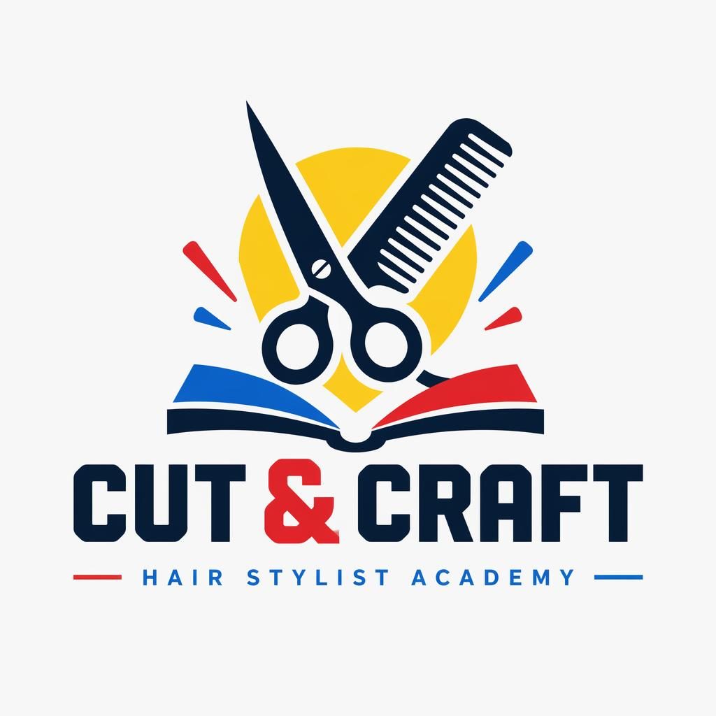 Centered hair stylist logo concept with bold industrial icon, matching wordmark, playful primary colors on neutral background.