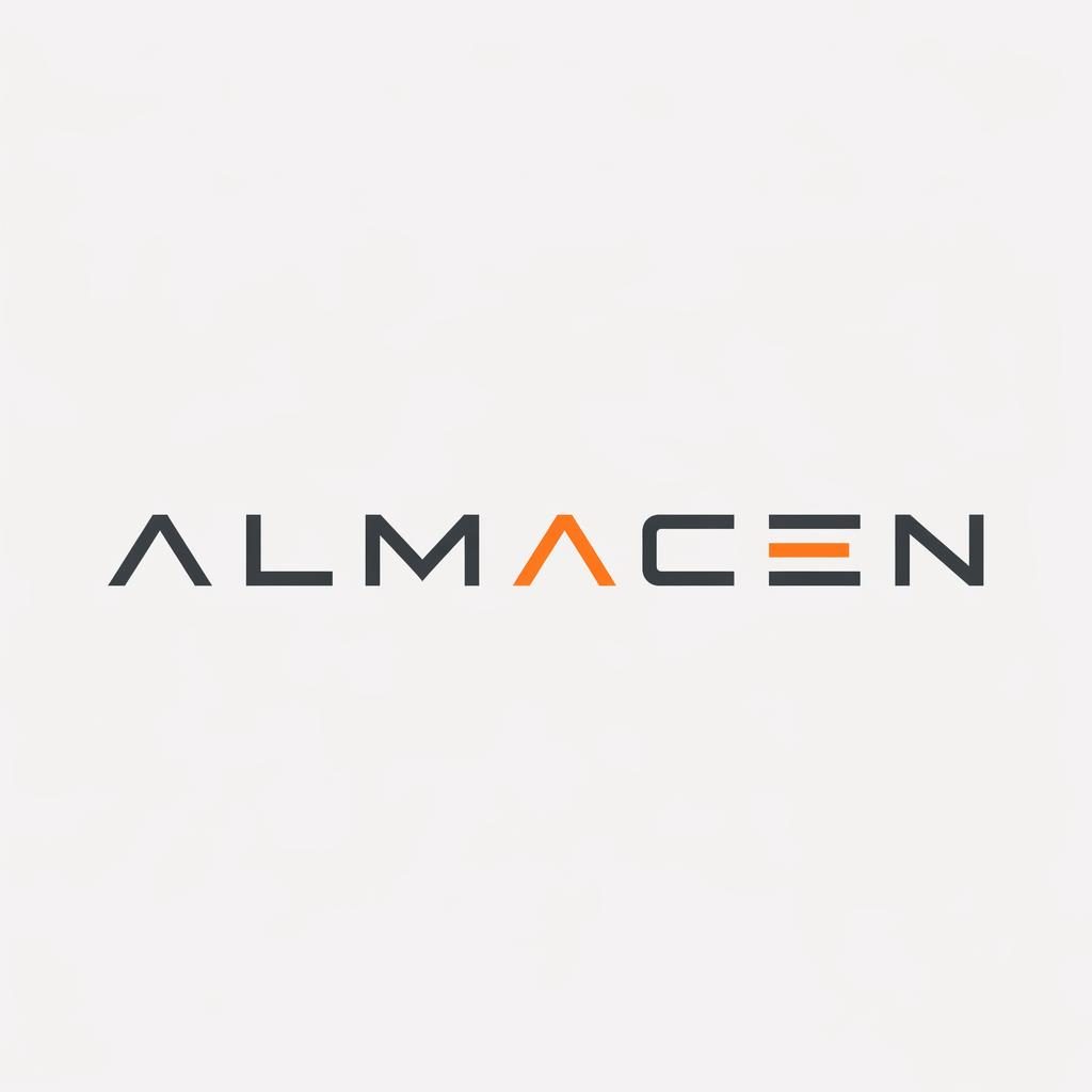Logotipo wordmark centrado para almacén de lujo, tipografía minimalista en gris industrial y naranja sobre fondo neutro.
