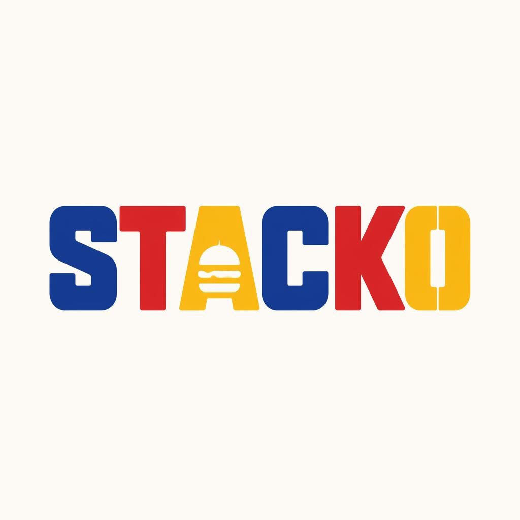 Centered wordmark logo concept for a food restaurant in bold industrial typography with a playful primary color palette.