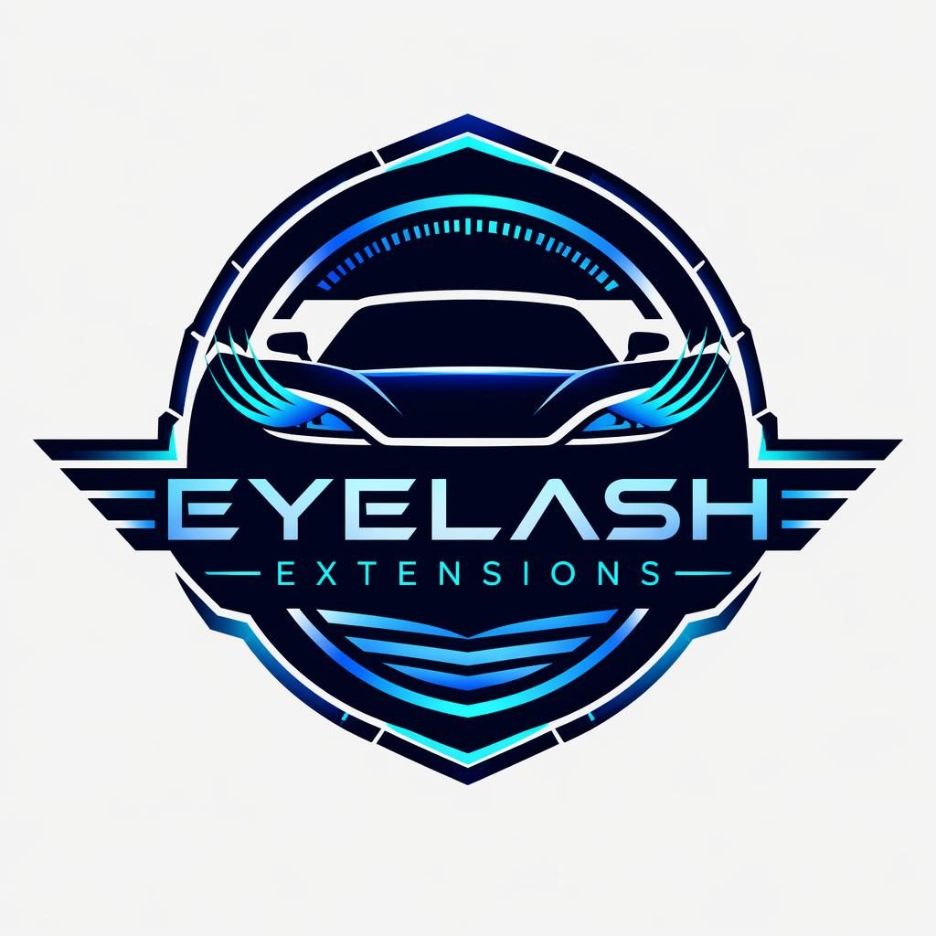 Centered futuristic automotive emblem logo in blue and cyan with custom brand typography on a neutral background