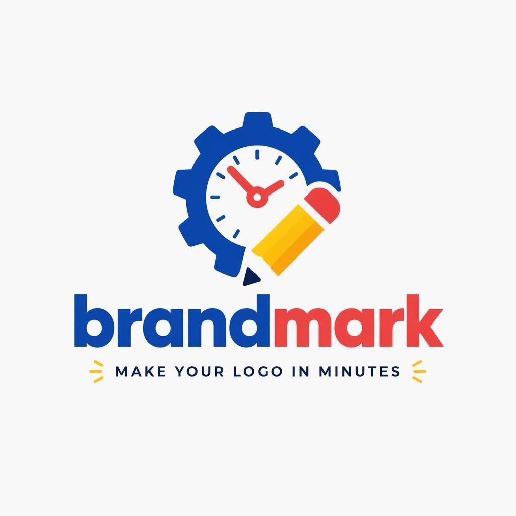 Centered education logo concept with bold industrial wordmark, playful primary-color icon, and neutral background.