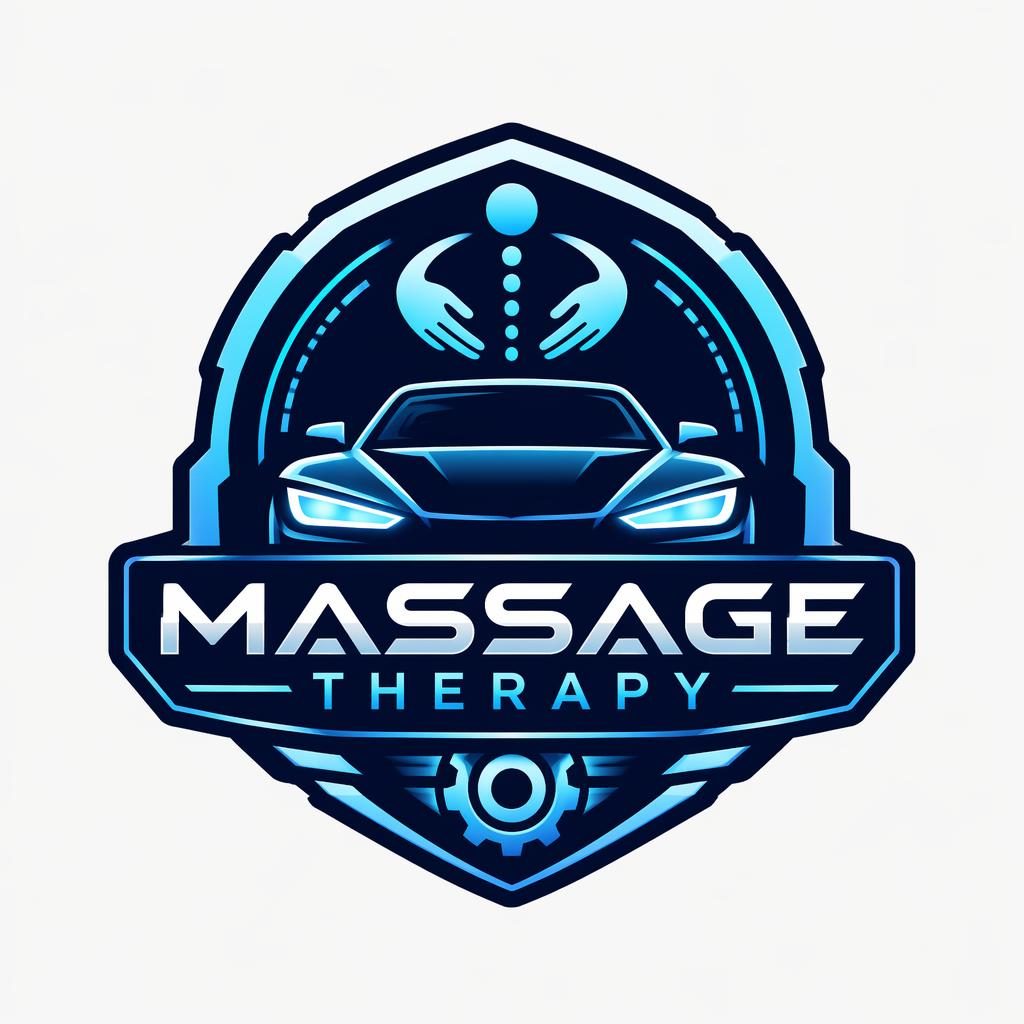 Centered futuristic blue and cyan emblem-style logo concept with matching brand typography on a neutral background.