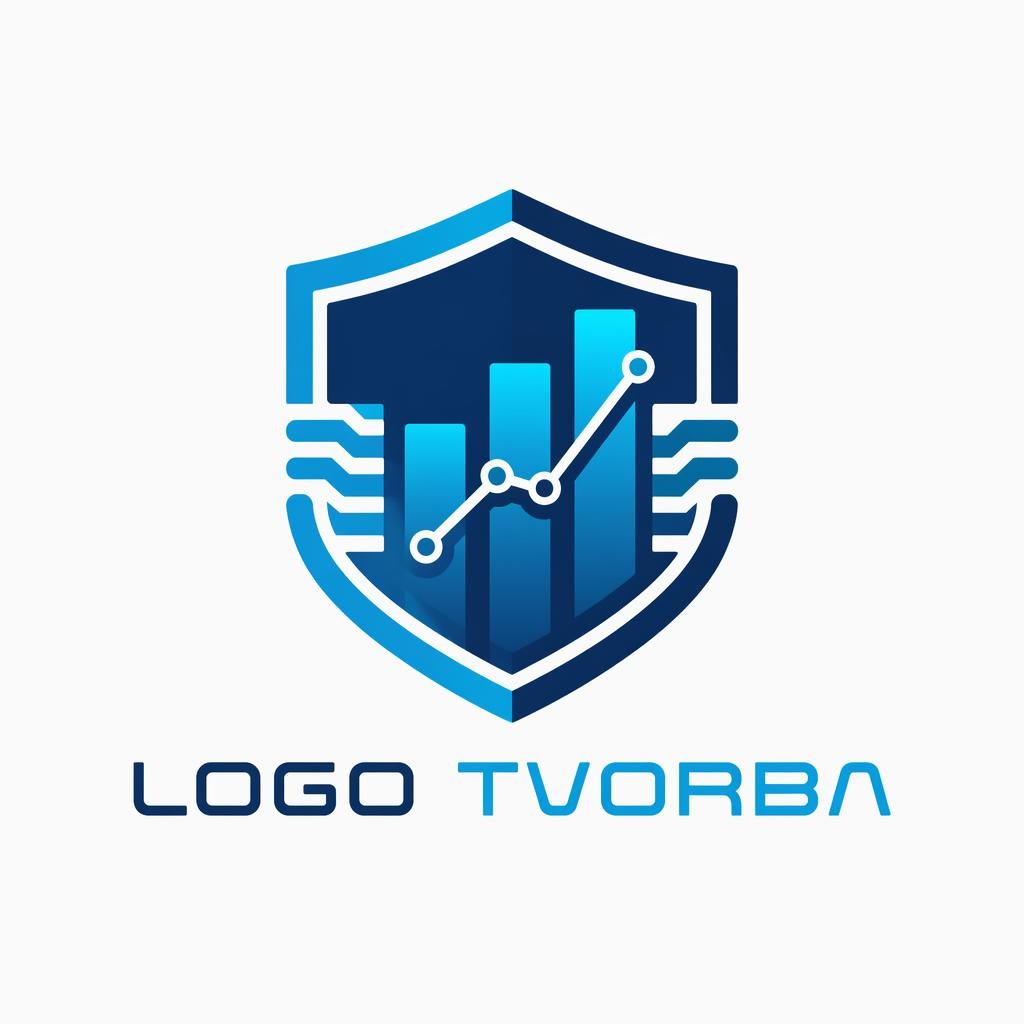 Futuristický emblémový fintech logokoncept v modré a cyan, čistě vycentrovaný na neutrálním pozadí.