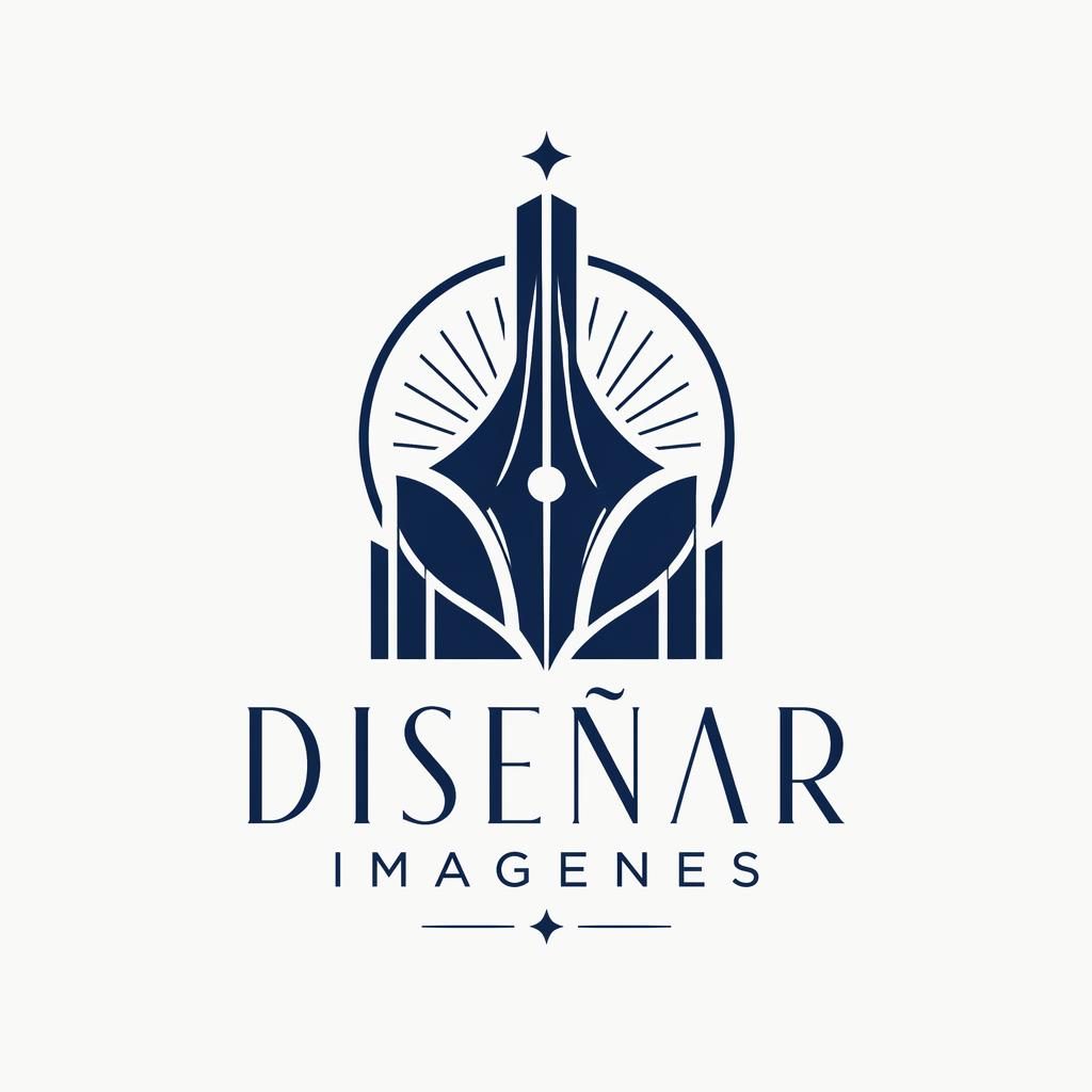 Logo abstracto vectorial en azul marino y blanco con tipografía elegante para diseñar imagenes, centrado sobre fondo neutro.