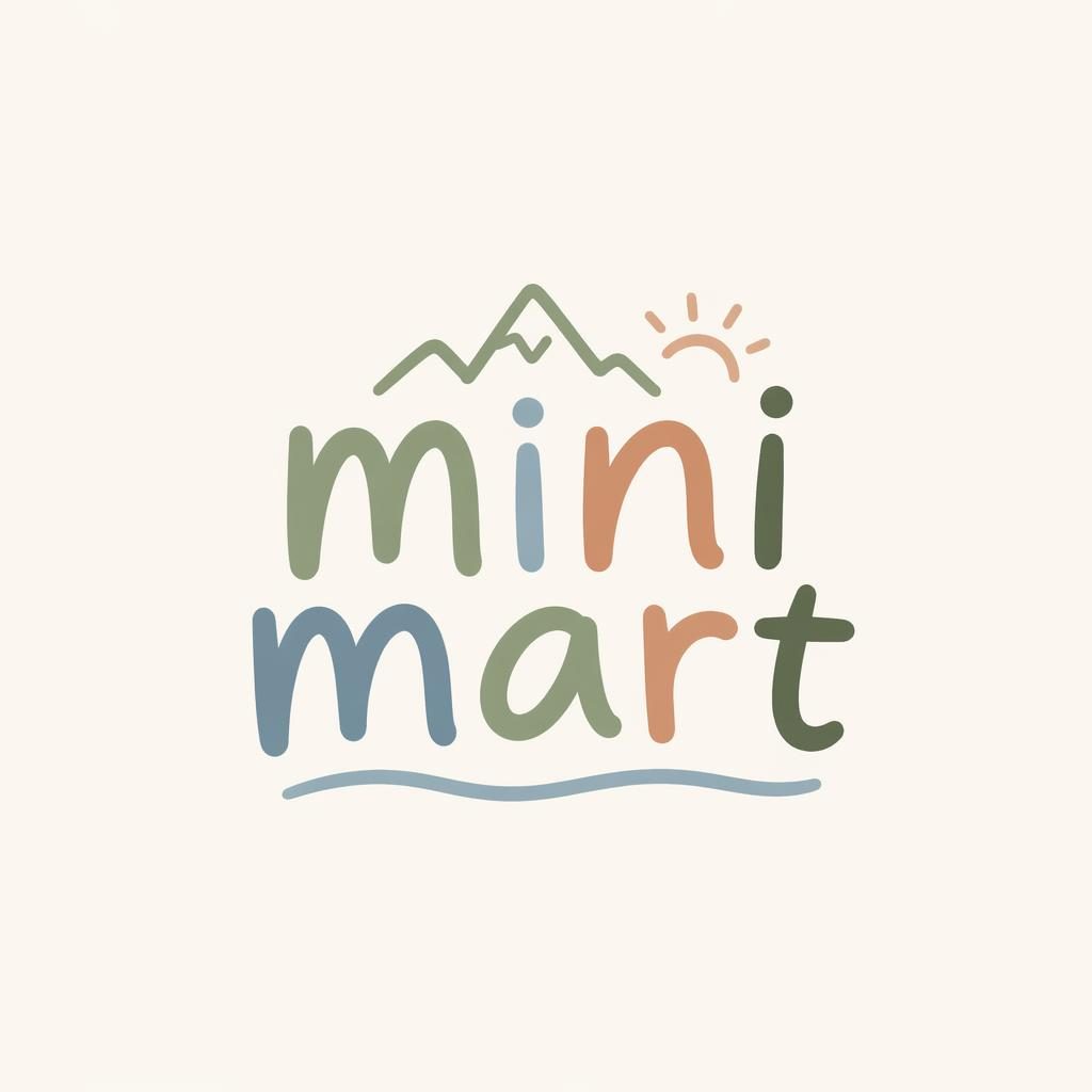 Centered wordmark logo concept for mini mart in hand-drawn organic typography with a soft pastel palette on a neutral background.