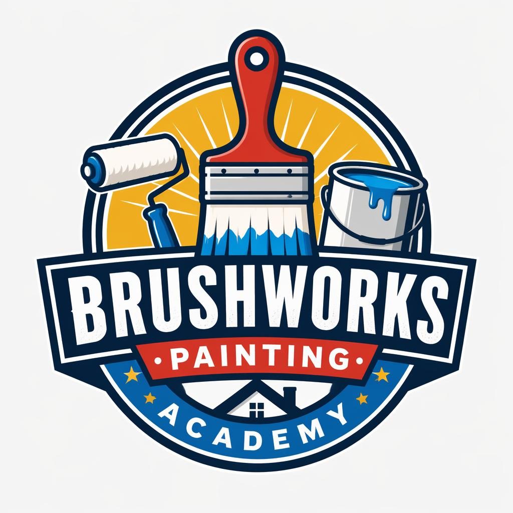 Centered emblem logo concept for a painting business logo design with bold industrial shapes, playful primary colors, and clean typography.