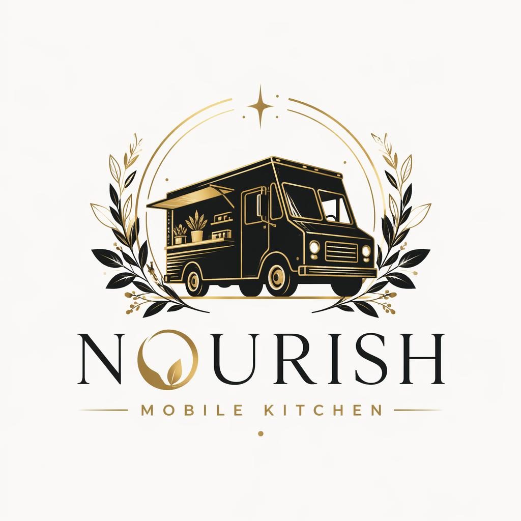 Centered square logo concept with a botanical wordmark and icon in black and gold on a neutral background