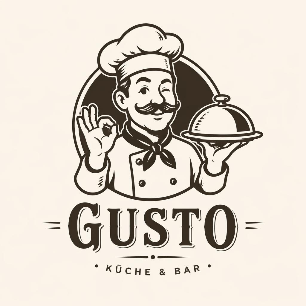 Zentriertes Retro-Maskottchen-Logo für ein Restaurant in eleganter Monochrom-Optik mit passender Typografie auf neutralem Hintergrund.