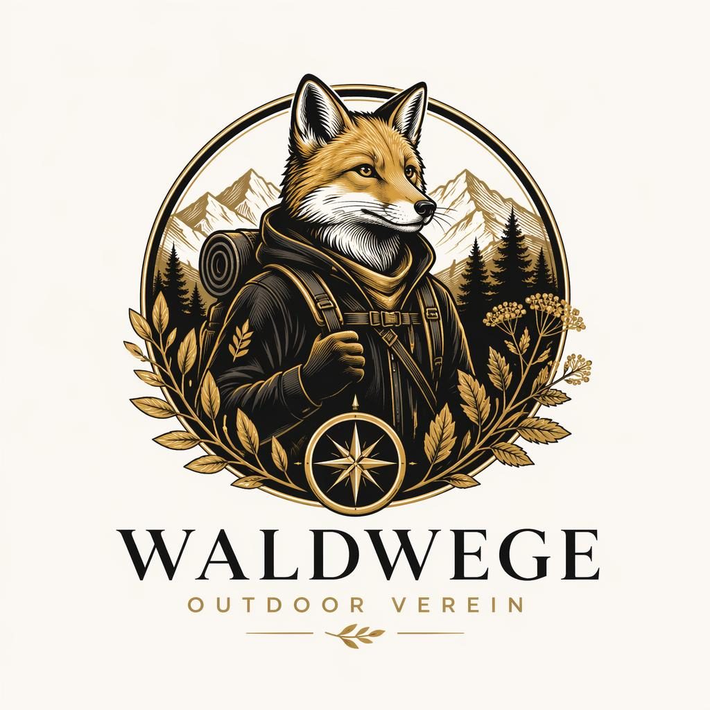 Zentriertes Maskottchen-Logo mit botanischen Details in Schwarz und Gold auf neutralem Hintergrund, sauberer Vektorlook