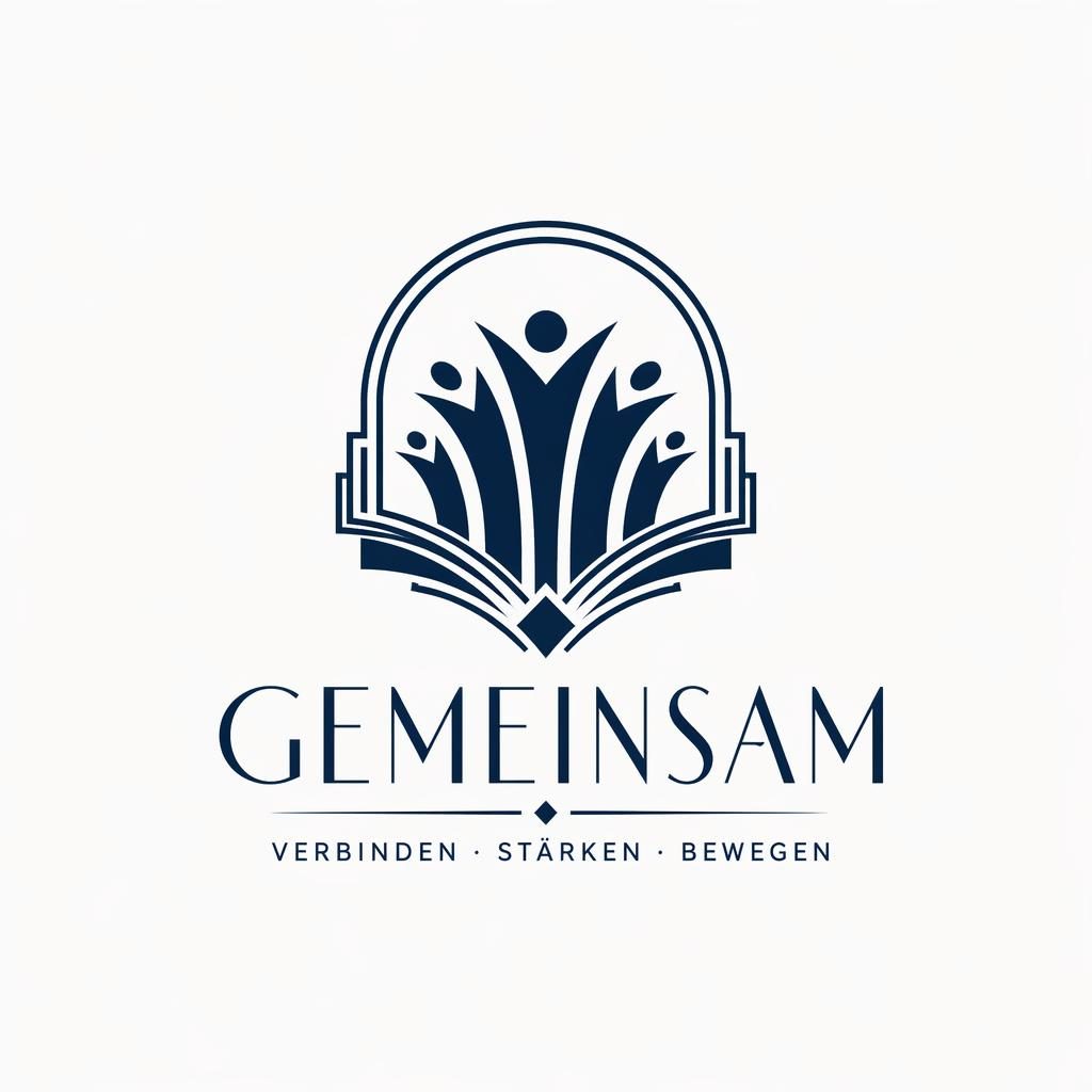 Zentriertes Logo-Konzept mit Wortmarke und Icon in Art-Déco-Stil, navy-weiß, minimal auf neutralem Hintergrund.