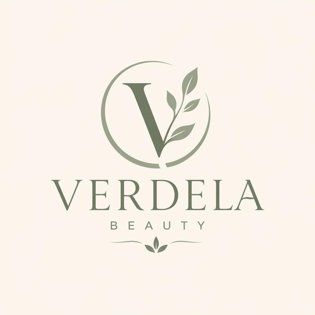 Centered beauty logo concept with serif wordmark and leaf icon in sage and cream on a neutral square background.
