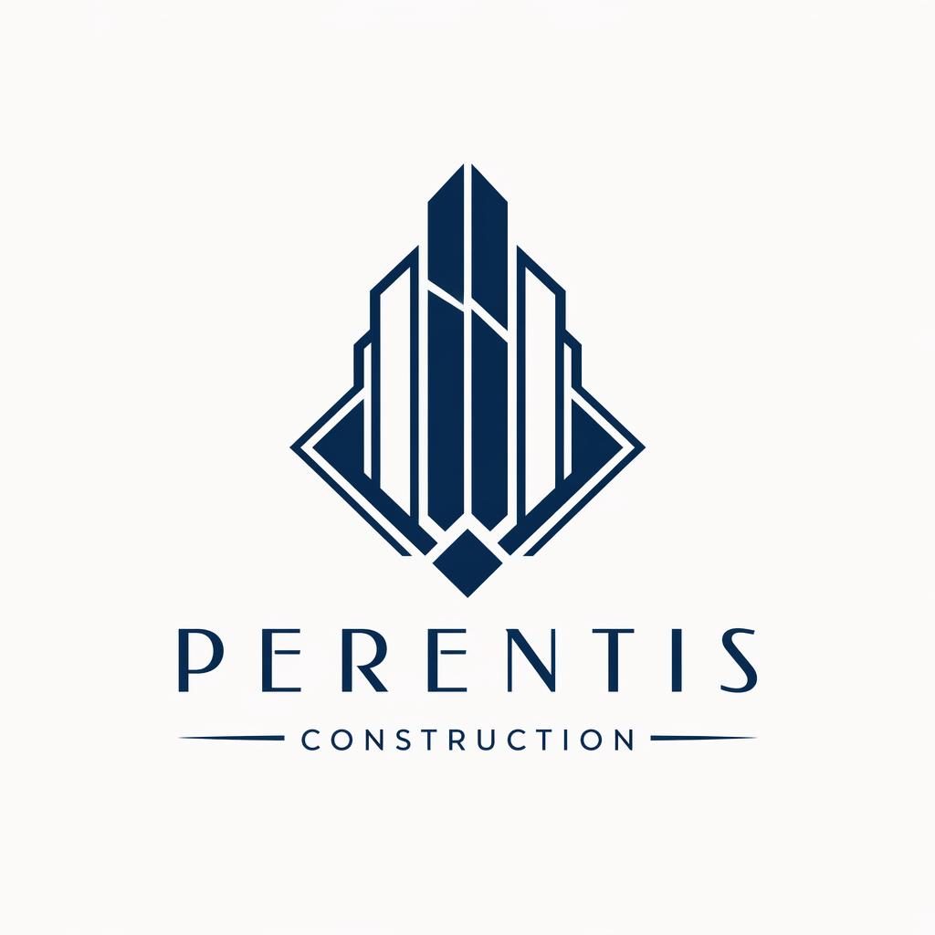 Abstract art deco logo concept with navy and white geometric symbol and matching brand name on a neutral background.