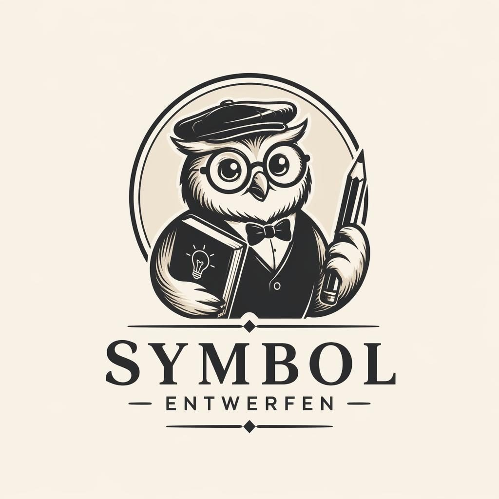 Zentriertes Logo-Konzept mit Maskottchen für Bildung, retro-vintage, monochrom, mit passender Typografie auf neutralem Hintergrund.