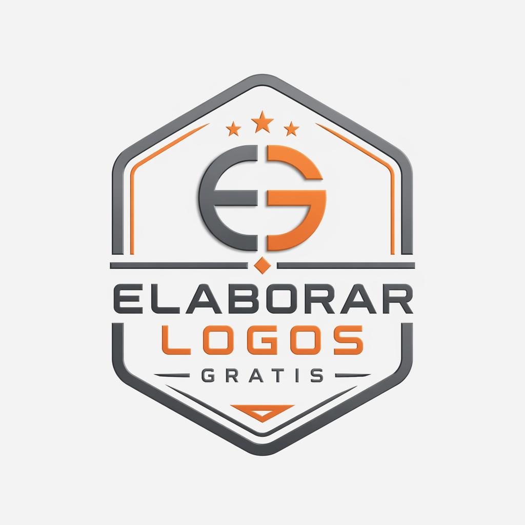 Concepto de logo tipo emblema minimalista en gris industrial y naranja sobre fondo neutro, con nombre de marca centrado.