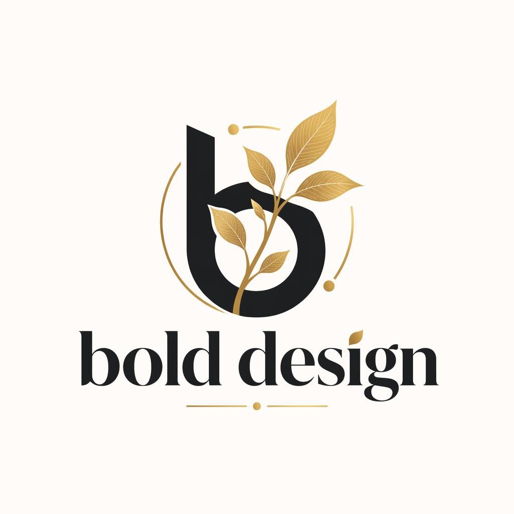 Centered wordmark and icon logo for Bold Design in black and gold with botanical illustration on a neutral background.