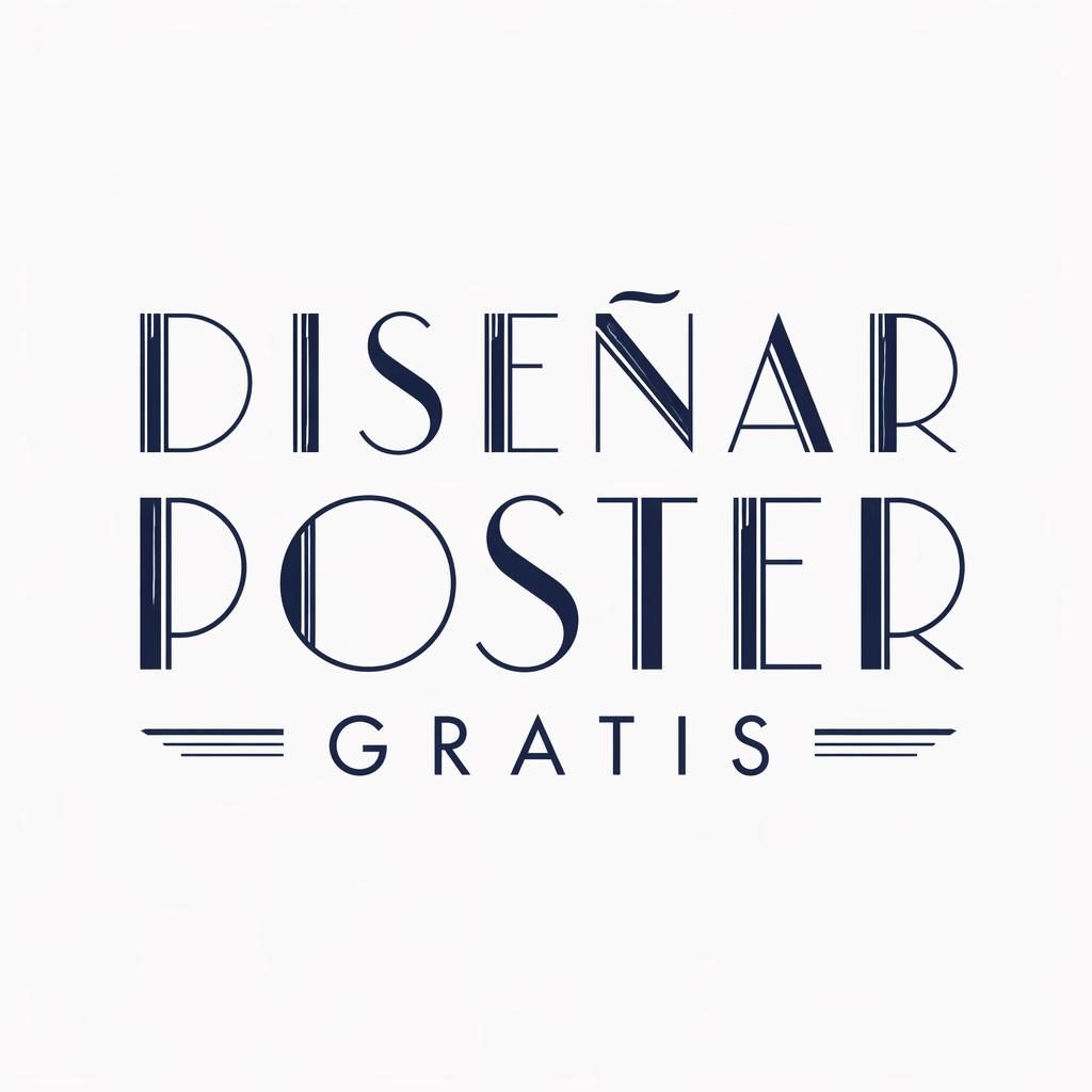 Logo wordmark centrado para diseñar poster gratis, tipografía art déco en azul marino y blanco sobre fondo neutro.